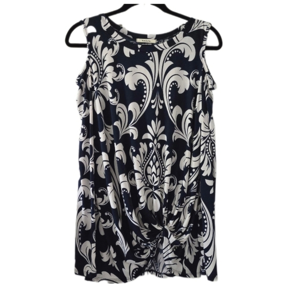 Twenty Ten Navy White Damask Print Knot Front Vold Shoulder Tunic Top - Picture 1 of 8